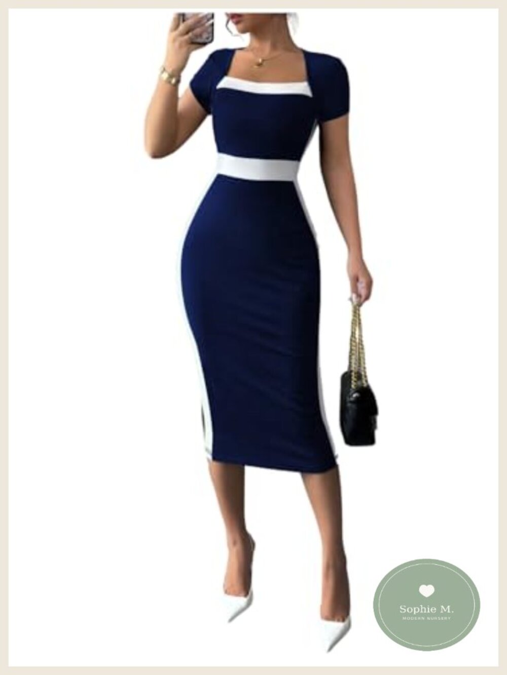 Black White Pencil Bodycon Midi Dress Square Neck Short Sleeve